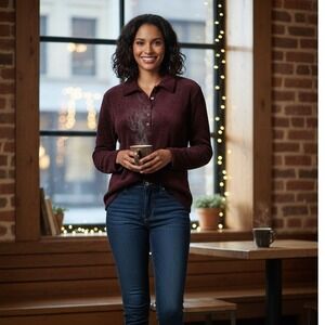 Amore Sweater Womens L Burgundy Chenille‎ Collared Soft Pullover Rayon Blend New